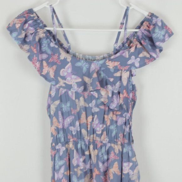 Epic Threads Girls XL Blue Pink Butterfly Faux Wrap Cold Shoulder Ruffled Dress - Picture 2 of 8